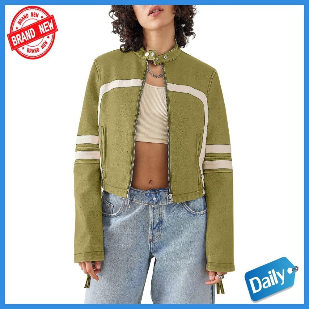 Faux Leather Cropped Moto Jacket Zip Up Stand Collar PU Coat